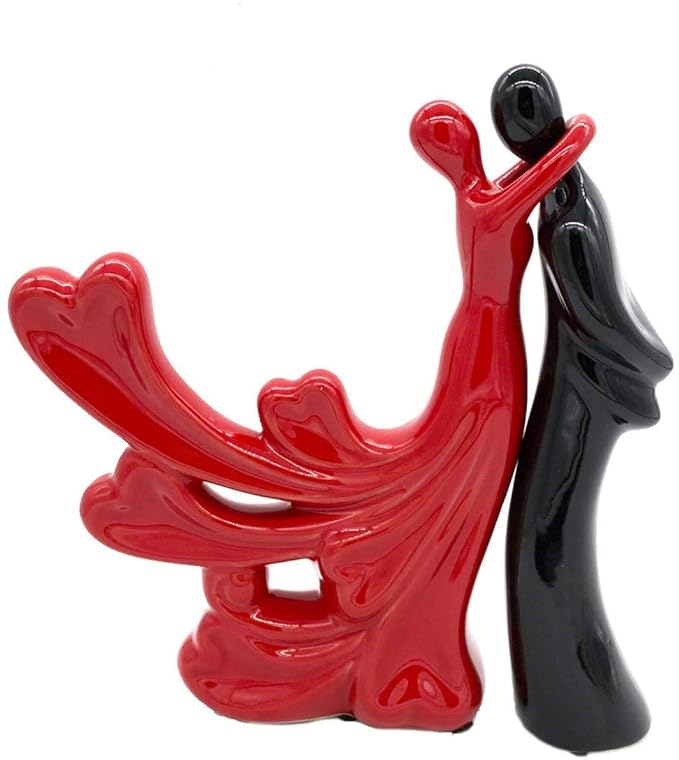 Passionate Lover Hugging Couple Figure | Beautiful Ceramic Home Decor Statue - (Set of 2, Red & Black)