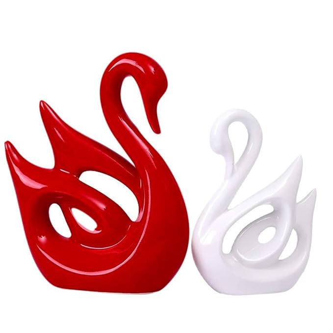 Lucky Swan Couple Piano Finish Ceramic Figures for Home Decor (Set of 2 Pc, Large, White & Red)