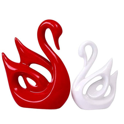 Lucky Swan Couple Piano Finish Ceramic Figures for Home Decor (Set of 2 Pc, Large, White & Red)