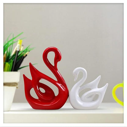 Lucky Swan Couple Piano Finish Ceramic Figures for Home Decor (Set of 2 Pc, Large, White & Red)