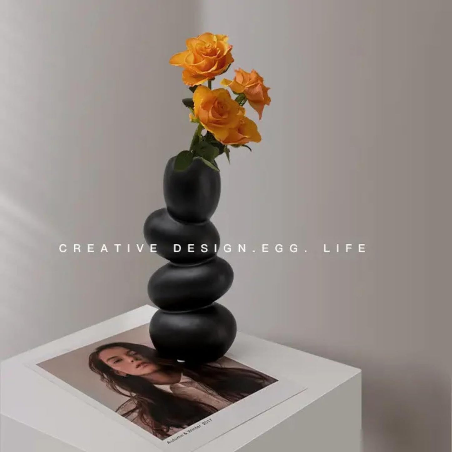 ABHIYAM Elegant Pebble Vases – Set of 2 (Black &amp; White, 10-Inch)