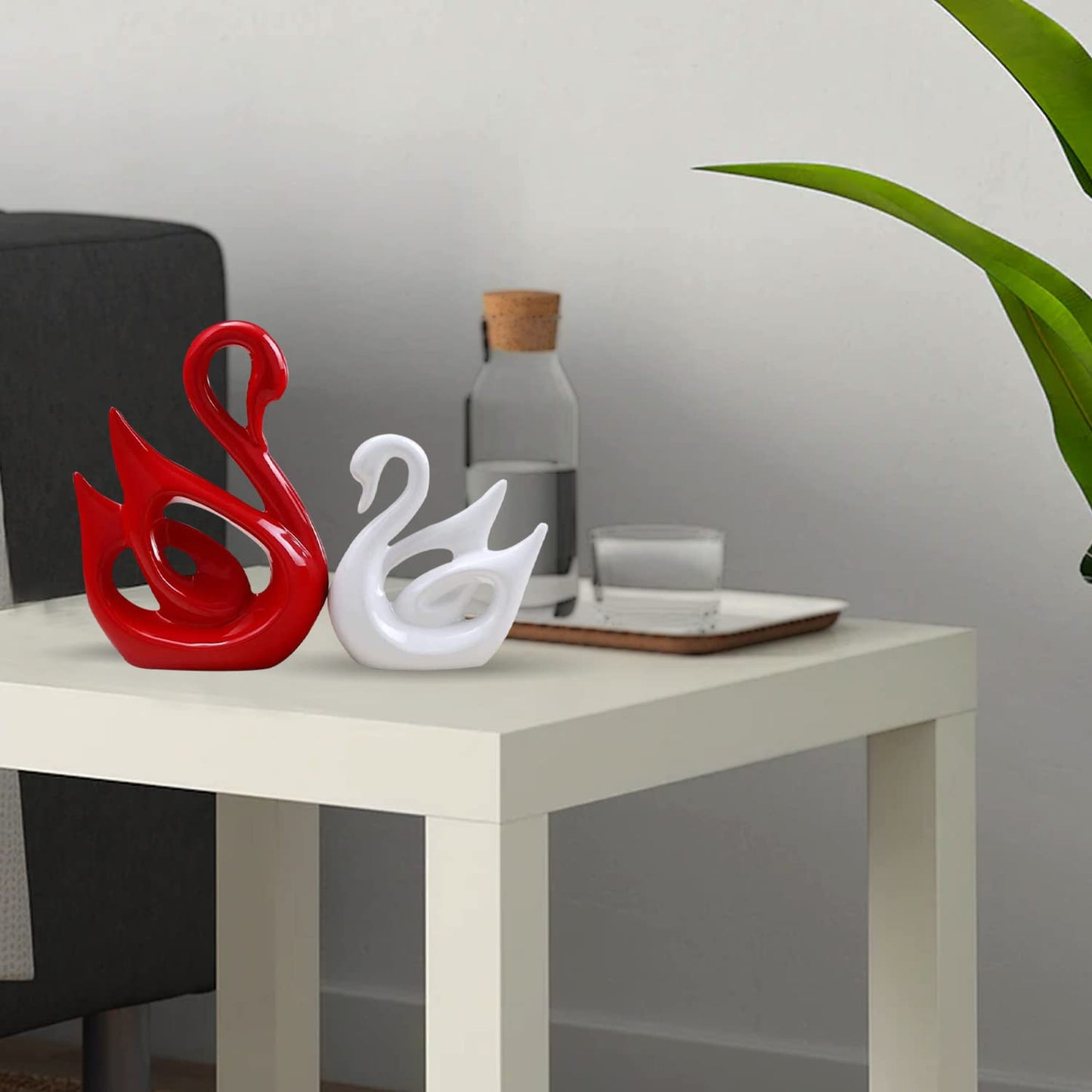 Lucky Swan Couple Piano Finish Ceramic Figures for Home Decor (Set of 2 Pc, Large, White & Red)