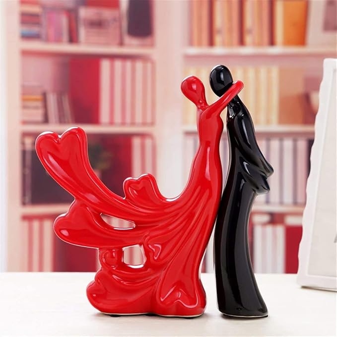 Passionate Lover Hugging Couple Figure | Beautiful Ceramic Home Decor Statue - (Set of 2, Red & Black)
