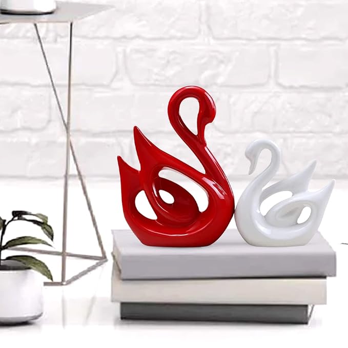 Lucky Swan Couple Piano Finish Ceramic Figures for Home Decor (Set of 2 Pc, Large, White & Red)