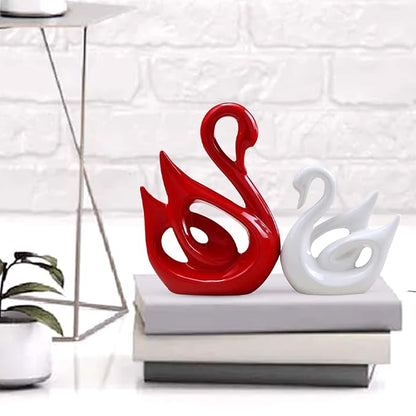Lucky Swan Couple Piano Finish Ceramic Figures for Home Decor (Set of 2 Pc, Large, White & Red)
