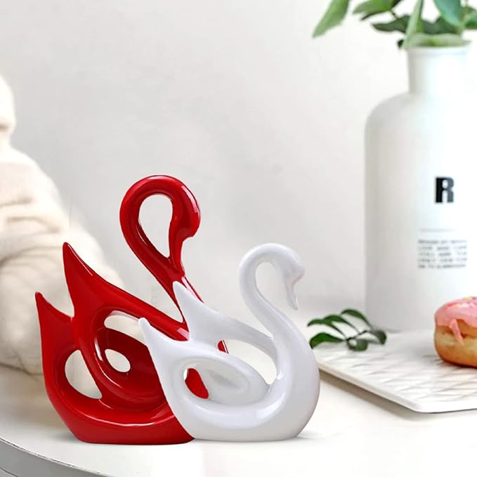 Lucky Swan Couple Piano Finish Ceramic Figures for Home Decor (Set of 2 Pc, Large, White & Red)