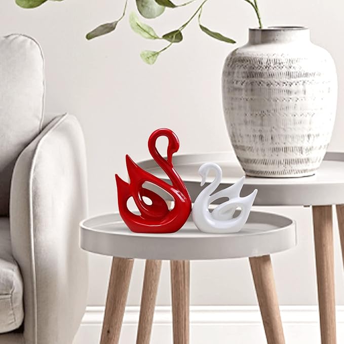 Lucky Swan Couple Piano Finish Ceramic Figures for Home Decor (Set of 2 Pc, Large, White & Red)