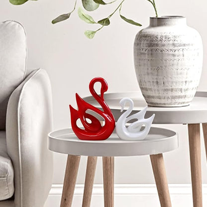 Lucky Swan Couple Piano Finish Ceramic Figures for Home Decor (Set of 2 Pc, Large, White & Red)
