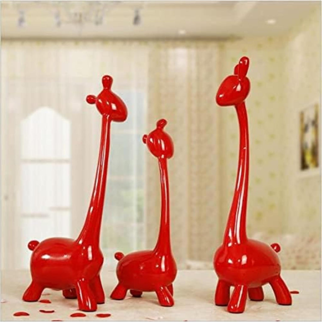 Giraffe Sculpture Family of Three Statues Resin Sculptures Pack of 3 (Red Color)
