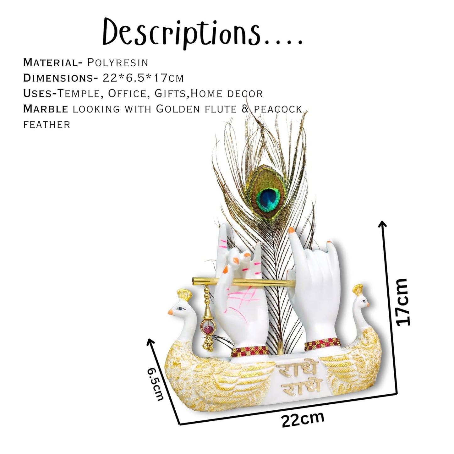 Lord Krishna Hands on Peacock Base with Flute