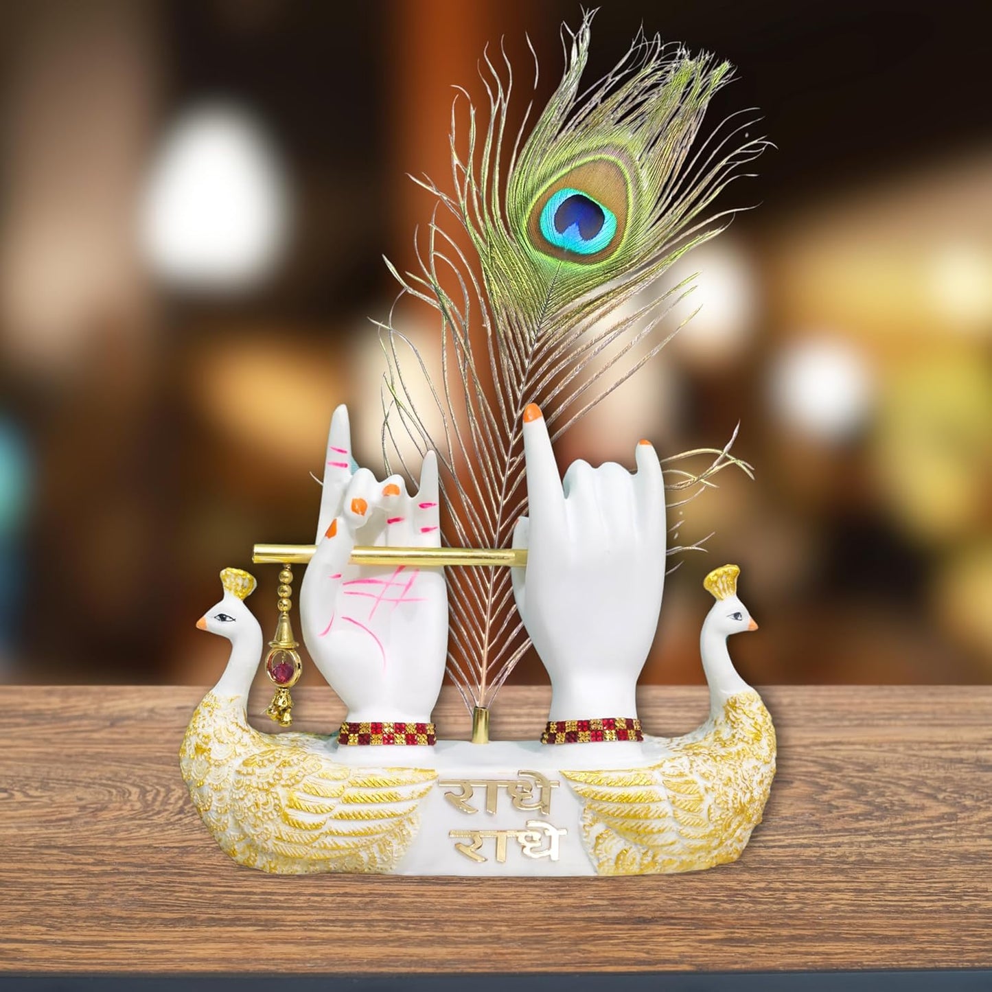 Lord Krishna Hands on Peacock Base with Flute