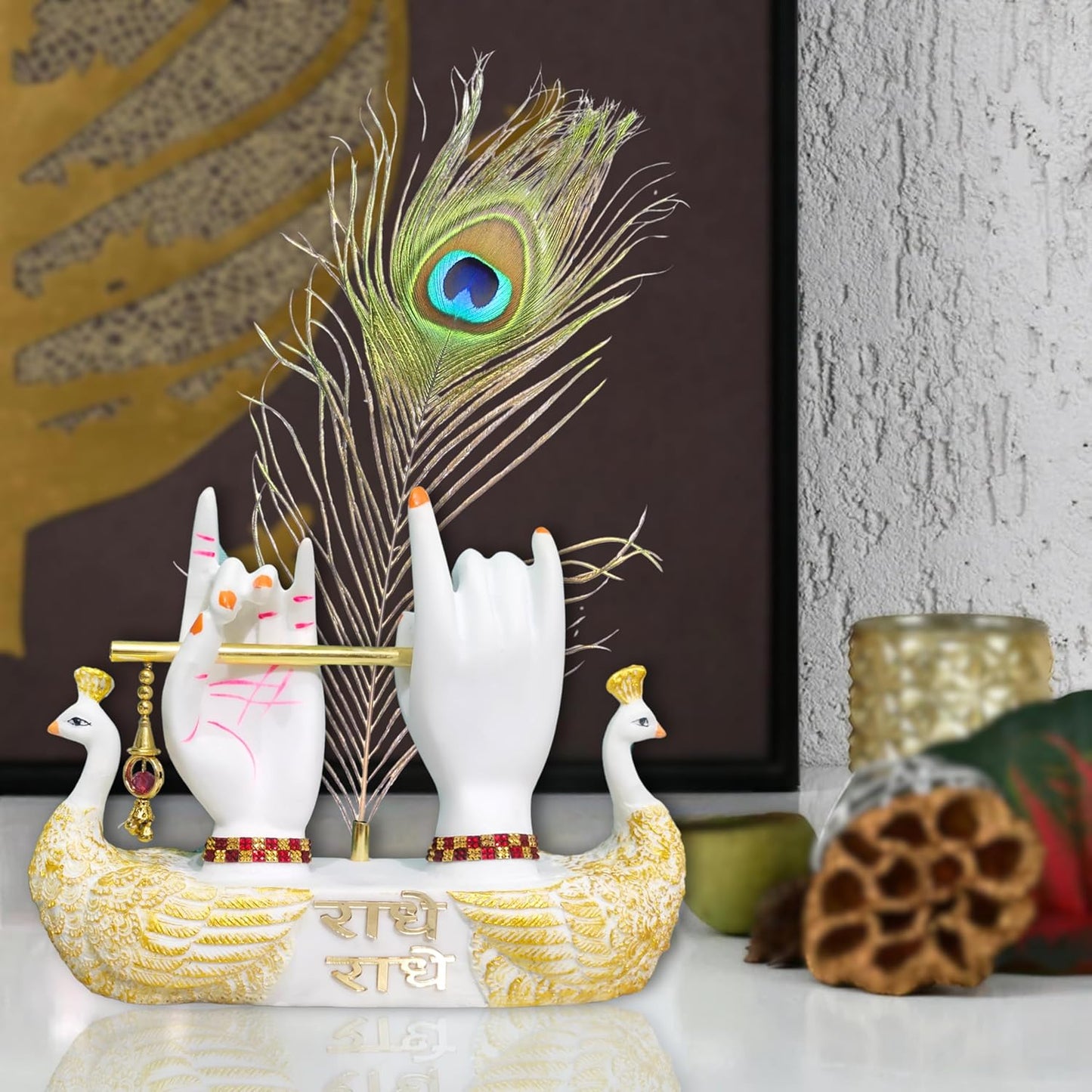 Lord Krishna Hands on Peacock Base with Flute