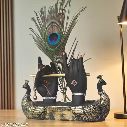 Double Peacock Antique Krishna Hand Showpiece with Flute