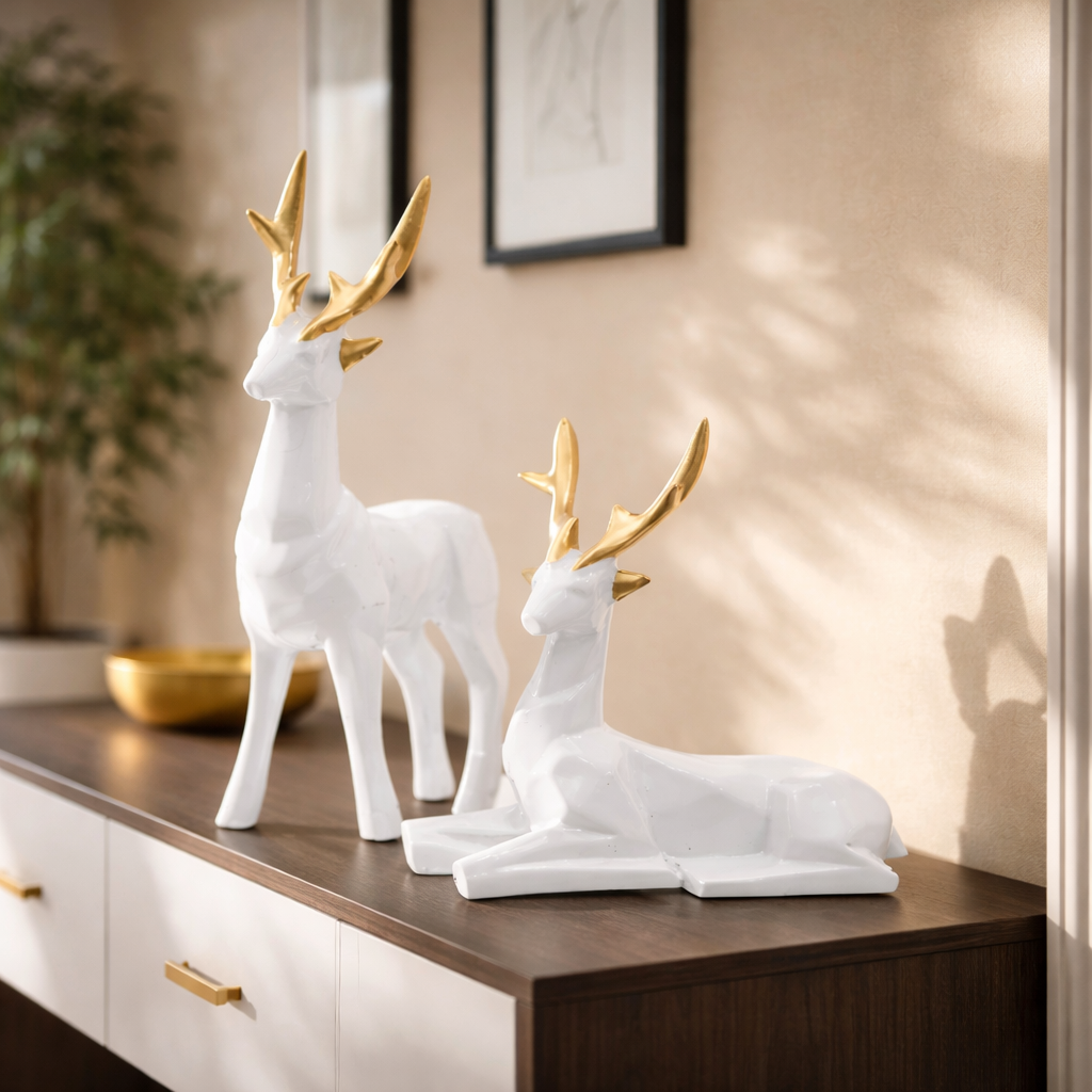 White Lucky Deer Set Handcraft Resin Animal Showpiece