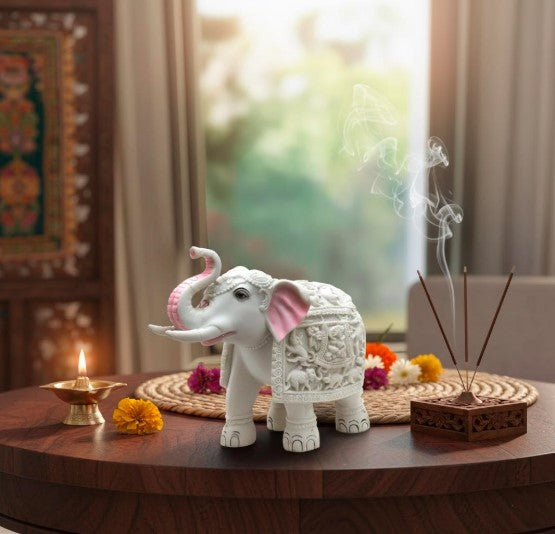 White Elephant Showpiece Big Size Marble Resin Aesthetic Statue Decorative Item for Home, 8 inch Elephant Decor for Home Vastu, Shelf, Study Room, Work Table (8 x 9 inch)