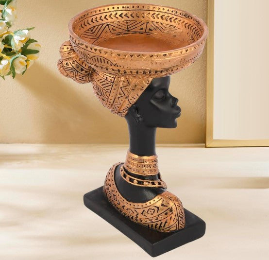 Tribal Lady Figurine Matte Black with Gold & Brown Tribal Pattern | Resin, Hand-Painted, Waterproof & Washable | Traditional Geometric Pattern Design, Home Decor Statue, 23cm