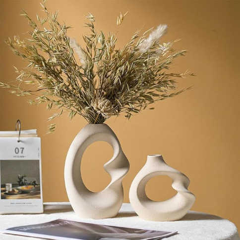 Unique White Ceramic Donut Vase 8.5 & 5.7 Inch - Set of 2 | Decorative Donut Vase for Dried Flowers & Pampas Grass | Vases for Modern Home Decor, Living Room, Office Decor Ideas