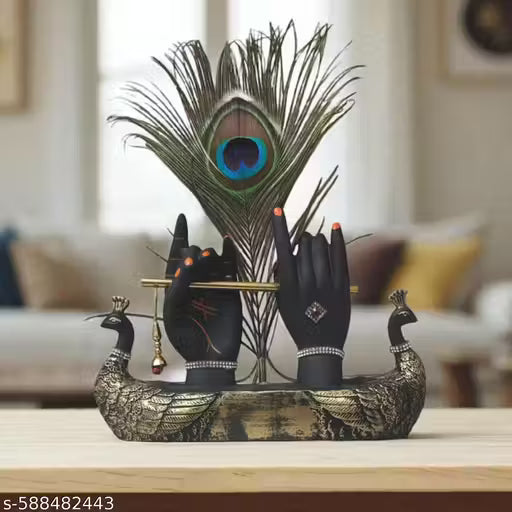 Double Peacock Antique Krishna Hand Showpiece with Flute