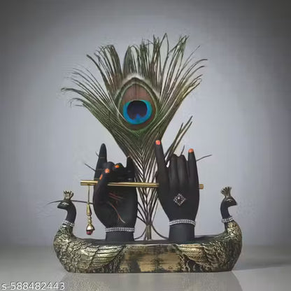 Double Peacock Antique Krishna Hand Showpiece with Flute